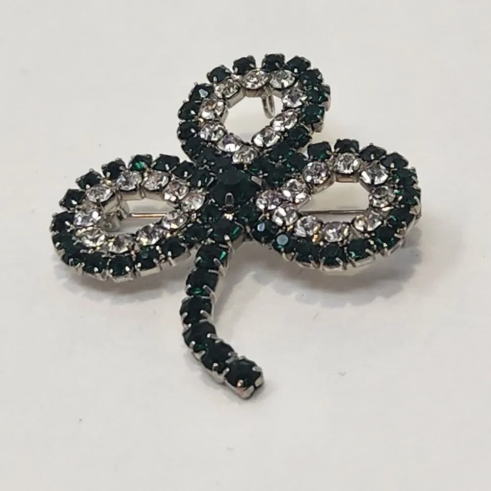 Shamrock Clover Green Clear Crystal Brooch Pin Signed FL 2011 Lucky Prong Set